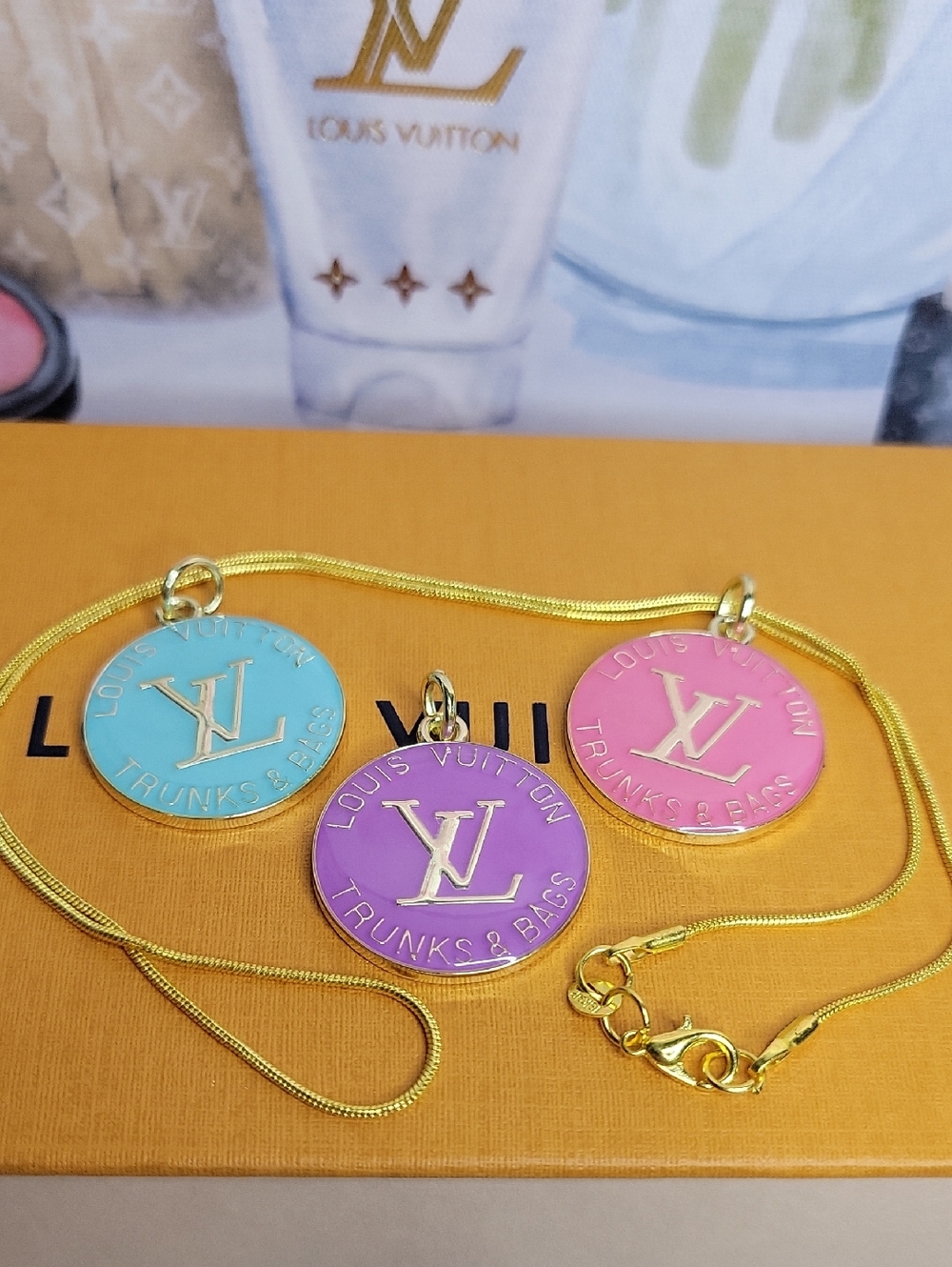 3 Louis Vuitton Trunks&Bags & Gold Plated 18" Chain